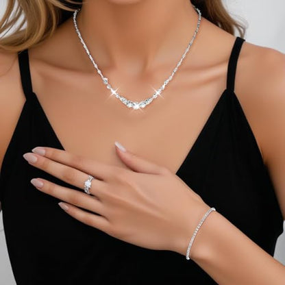 Gjinxi Silver Jewelry Set for Women, Rhinestone Necklace Bracelet Dangle Earrings Set, Crystal Bridal Wedding Party Jewelry Sets for Bride Bridesmaid Formal Costume