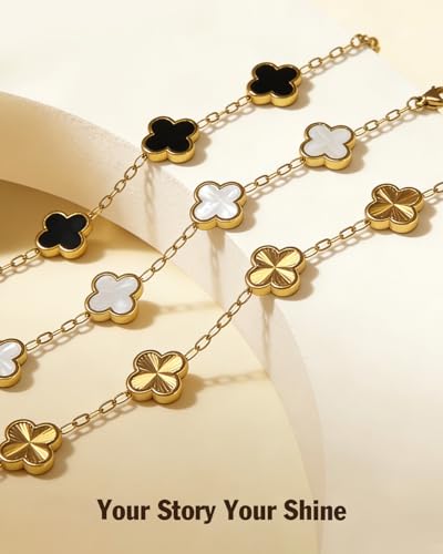 Four Leaf Clover Bracelet 18K Gold Plated Bracelets for Women Lucky Flower Design Stainless Steel Hypoallergenic Link Chain Adjustable Dainty Trendy Jewelry Gifts for Women - color: White