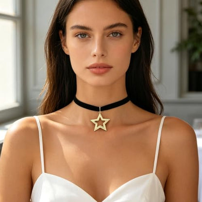 Gothic Moon Star Choker Necklace Black Velvet Choker Necklace Rhinestone Moon Pendant Necklace - color: black