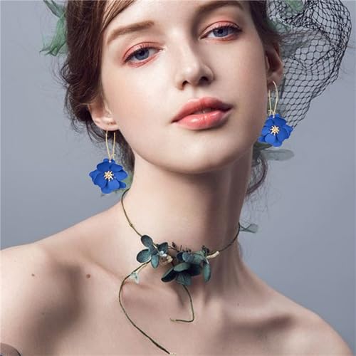 WCRAZYE Bohemian Daisy Flower Earrings Necklace Sets for Women Unique Trendy Boho Matte 3D Gold Flower Floral Petal Statement Earring Wedding Jewelry - color: Blue