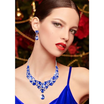 Hicarer Bridal Teardrop Cluster Crystal Jewelry Set for Women Necklace Earrings Wedding - color: Royal Blue