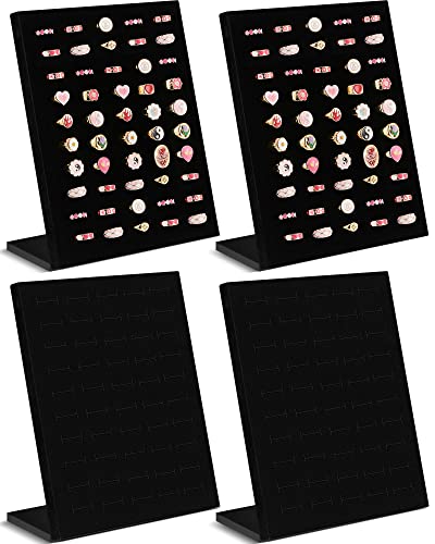 4 Pcs Velvet Ring Display 50 Slots L-Shaped Ring Display Stand Tray Holder for Selling Earring Jewelry - color: Black