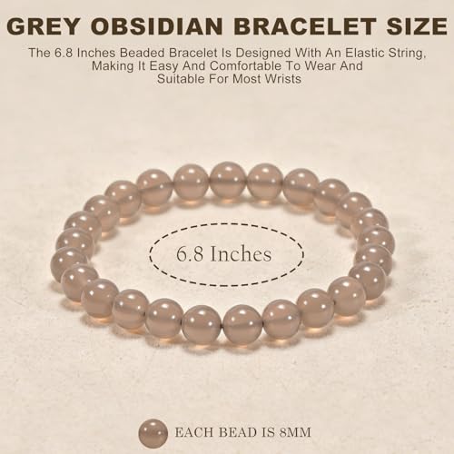 Agate Round Beaded Bracelet for Women Men Natural Agates Stone Healing Bracelets Stretch Elastic Handmade Polished Gemstone Beads Bracelet - color: Grey, size: 8mm Beads