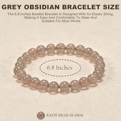 Agate Round Beaded Bracelet for Women Men Natural Agates Stone Healing Bracelets Stretch Elastic Handmade Polished Gemstone Beads Bracelet - color: Grey, size: 8mm Beads