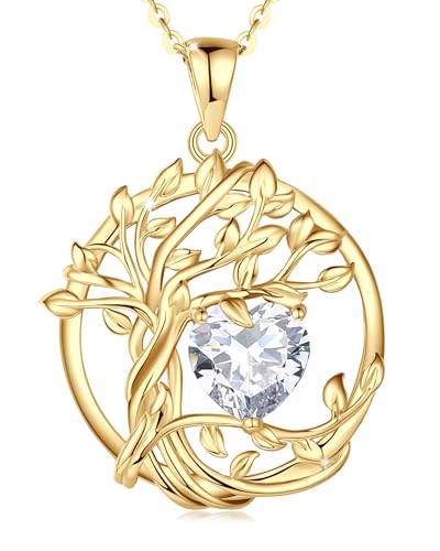 FANCIME Tree of life Birthstone necklace Sterling Silver Pendant Birthstone Necklace Gemstone Anniversary Birthday Jewelry Mothers Day Gifts for Mom Her Wife - color: Yellow gold-4-simulated diamond