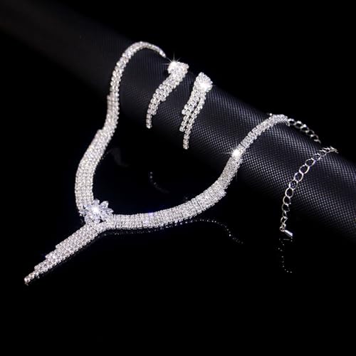 Women's Fashion Jewelry Rhinestone Zircon Necklace and Earring Set Formal Ball Gown Accessories Silver Floral Pendant Bridal Wedding Jewelry Suitable for Weddings, Balls, Banquets, and All Special Occasions - style: GST006