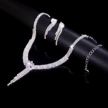 Women's Fashion Jewelry Rhinestone Zircon Necklace and Earring Set Formal Ball Gown Accessories Silver Floral Pendant Bridal Wedding Jewelry Suitable for Weddings, Balls, Banquets, and All Special Occasions - style: GST006