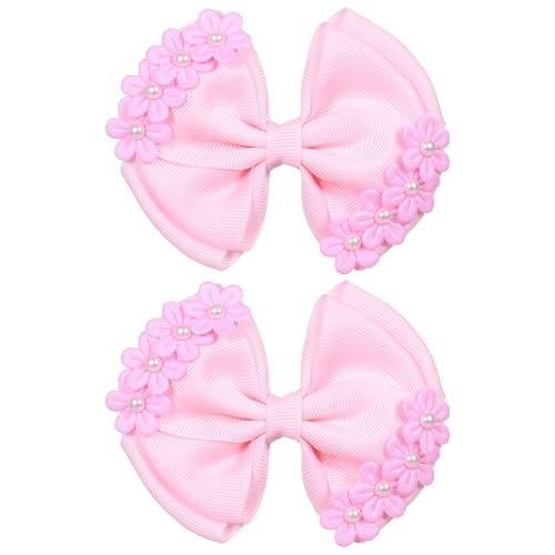 Pink Flower Hair Bows Alligator Clips for Girls 4" Pearl Grosgrain Ribbon Hair Bow Barrettes for Kids Teen Toddler Women Wedding School Floral Dress Decor Accessory Gift of 2 - color: Pink