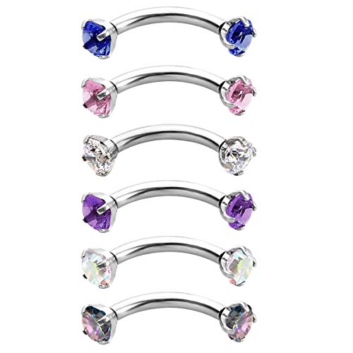 Briana Williams 6pcs Stainless Steel Rook Daith Earrings Belly Lip Ring Eyebrow Studs Cartilage Tragus Cubic Zirconia Barbell Body Piercing 8mm (5/16") - color: 5 -Silver Colorful CZ