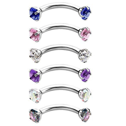 Briana Williams 6pcs Stainless Steel Rook Daith Earrings Belly Lip Ring Eyebrow Studs Cartilage Tragus Cubic Zirconia Barbell Body Piercing 8mm (5/16") - color: 5 -Silver Colorful CZ