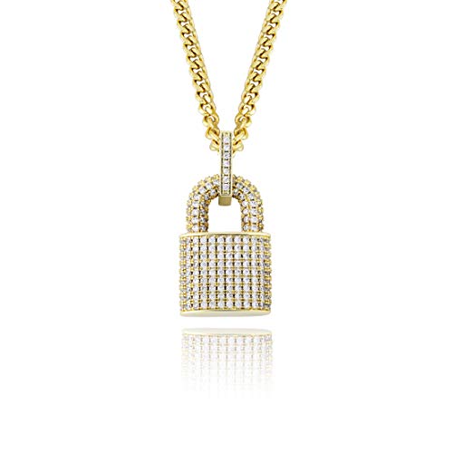 TOPGRILLZ 14K Gold Plated Iced out Lock Pendant Necklace for Women and Men Punk Rock Aesthetic Chains Padlock Necklace - color: Gold