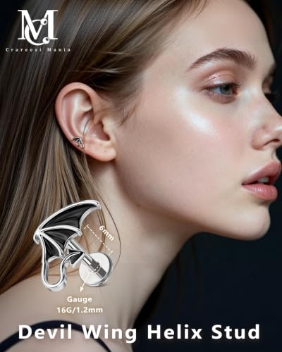 CM Crareesi Mania Helix Stud Earrings 16G Burn Silver Bat Helix Piercing Jewelry 316L Stainless Steel Cartilage Studs Flat Back Earrings Gothic Labret Lip Rings