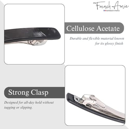 French Amie Long and Thin Black Nycra Large 4 Inch Hair Clip Barrette | Handmade For Women Girls Teens Adults Everyday Style - color: Black Nycra