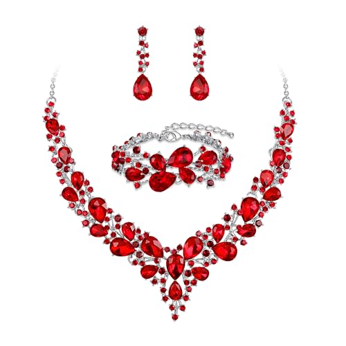 Wedding Bridal Jewelry Set for Women Bride Bridesmaids | Gorgeous Austrian Crystal Teardrop Cluster Statement Necklace Dangle Earrings Link Bracelet Set Prom Jewellery - color: 03-Ruby Color Silver-Tone