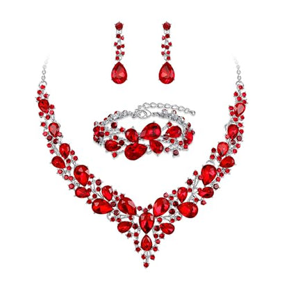 Wedding Bridal Jewelry Set for Women Bride Bridesmaids | Gorgeous Austrian Crystal Teardrop Cluster Statement Necklace Dangle Earrings Link Bracelet Set Prom Jewellery - color: 03-Ruby Color Silver-Tone