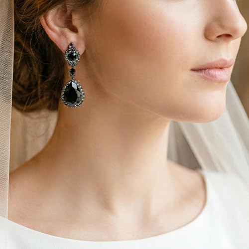 Mariell Black Crystal Teardrop Dangle Earrings, Jewlery for Brides, Bridesmaids, Prom and Wedding Parties - color: Black Clip On