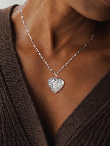 FindChic Locket Necklace for Women Custom Photo Memorial Gifts 4 Colors | Silver/Black/Rose Gold/Gold Plated Personalized for Loved Ones, Birthday Valentine's Day Keepsake - style: 13. Heart Pattern (DIY)-Silver