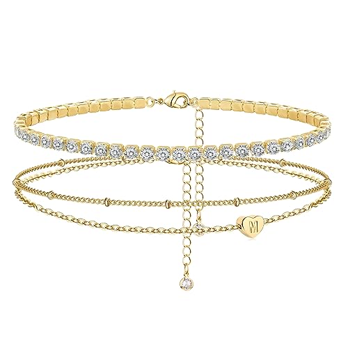 Yanoda Initial Ankle Bracelets for Women, 14K Gold Plated Waterproof Dainty Layered Heart Letter Initial Anklets Personalized Gifts - color: M