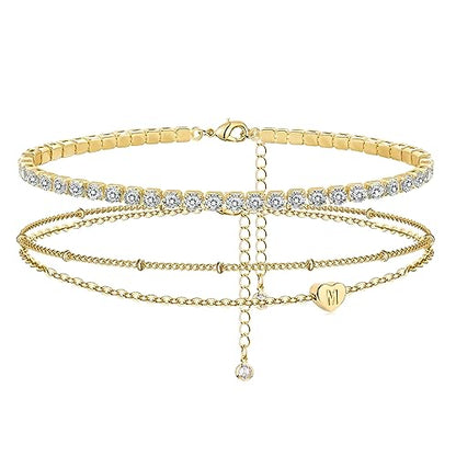 Yanoda Initial Ankle Bracelets for Women, 14K Gold Plated Waterproof Dainty Layered Heart Letter Initial Anklets Personalized Gifts - color: M