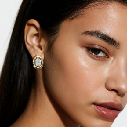 Jean Beau Chunky Gold Stone Stud Earrings for Women, Trendy Natural Gemstone Hypoallergenic Earing Valentine Jewelry Gift - color: White Turquoise