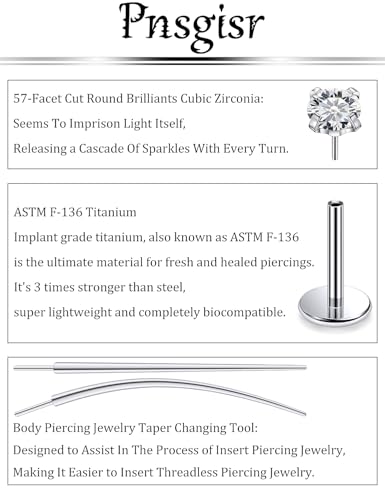 F136 Titanium 20/18/16G Earrings Nose Lip Rings Medusa Tragus Cartilage Helix Labret Flat Back Threadless Implant Grade Stud Piercing Jewelry for Women - color: White CZ, size: 20g*6/7/8mm*2/3/4mm