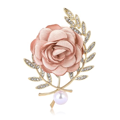 Handmade Elegant Red Rose Flower Brooch Pin for Women Crystal Pearl Fabric Flower Lapel Pin Dress Suit Accessories - color: Pink A