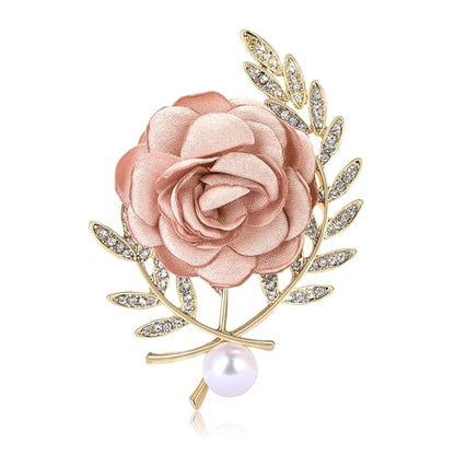 Handmade Elegant Red Rose Flower Brooch Pin for Women Crystal Pearl Fabric Flower Lapel Pin Dress Suit Accessories - color: Pink A