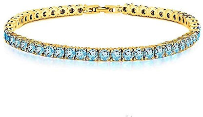 Savlano 14K Gold Plated Cubic Zirconia Round 4MM Classic Tennis Bracelet For Women - style: Yellow Gold/Blue