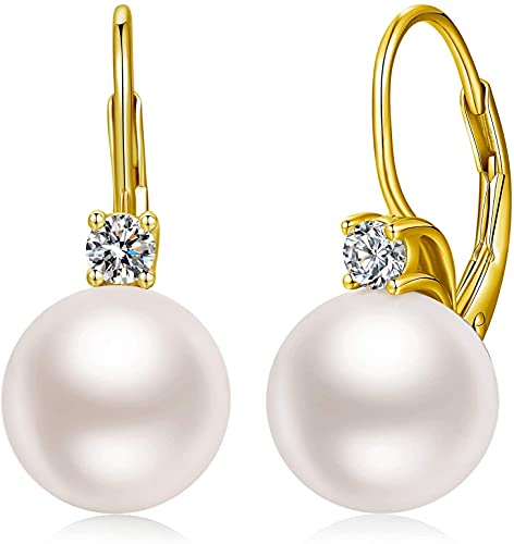925 Sterling Silver Pearl Leverback Earrings for Women Cubic Zirconia Pearl Jewelry 10MM - color: A: Leverback-Yellow