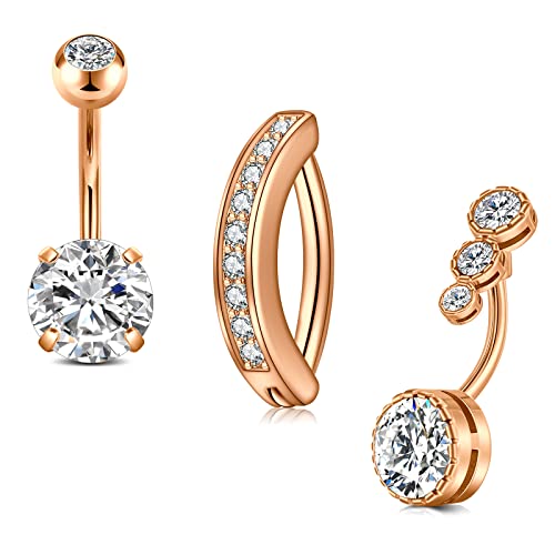 Silver Gold Belly Button Ring for Women Clicker Hoop Belly Rings Opal Navel Piercing Jewelry Dangle Hypoallergenic Surgical Steel Dainty Dangling Navel Rings for Women - color: B3-3p-rose gold