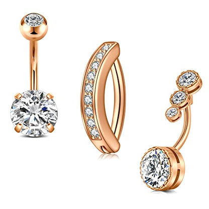 Silver Gold Belly Button Ring for Women Clicker Hoop Belly Rings Opal Navel Piercing Jewelry Dangle Hypoallergenic Surgical Steel Dainty Dangling Navel Rings for Women - color: B3-3p-rose gold