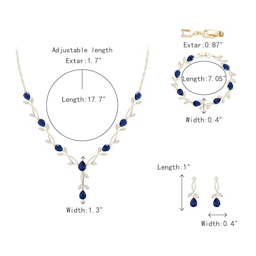 Crysdue Wedding Jewelry Set for Brides Bridesmaid, Cubic Zirconia Teardrop Marquise Leaf Cluster Pendant Necklace Bridal Tennis Bracelet Drop Earrings for Women Party Prom - style: A- CZ set-sapphire, gold