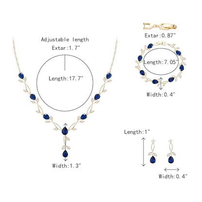 Crysdue Wedding Jewelry Set for Brides Bridesmaid, Cubic Zirconia Teardrop Marquise Leaf Cluster Pendant Necklace Bridal Tennis Bracelet Drop Earrings for Women Party Prom - style: A- CZ set-sapphire, gold