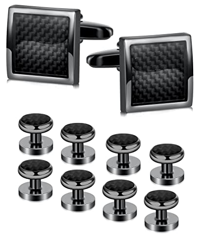 10Pcs Cufflinks for Men Classic Design Carbon Fiber Cufflinks Tuxedo Shirt Stud Set for Wedding Business Birthday Meeting Black Tone Cufflinks - style: B:10Pcs,square