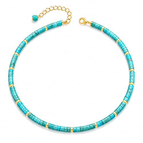 Natural Heishi Gemstone Choker Necklace for Women, Adjustable 15"+2" Beaded Layering Necklace, Coastal Beach Jewelry Gift for Her - color: Turquoise