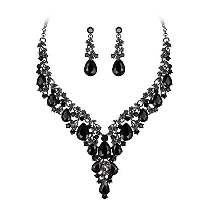 BriLove Women's Wedding Bridal Austrian Crystal Teardrop Flower Cluster Statement Necklace Dangle Earrings Jewelry Set for Party Prom - color: 2Pcs-Black Black-Tone