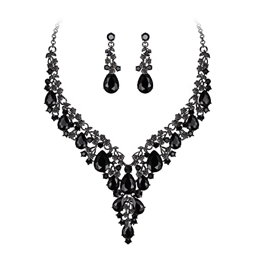 BriLove Women's Wedding Bridal Austrian Crystal Teardrop Flower Cluster Statement Necklace Dangle Earrings Jewelry Set for Party Prom - color: 2Pcs-Black Black-Tone