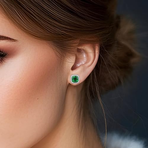 Square Cubic Zirconia Earrings Stud 7mm Birthstone Studs Earrings Hypoallergenic Princess Cut Earrings 925 Sterling Silver Post Studs Earrings for Women - color: Emerald