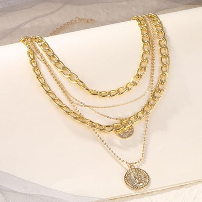 GIGB PBDK Chunky Layered Coin Pendant Necklaces for Women Gold Cuban Link Chain Statement Necklaces Punk Halloween Bachelor Party Holiday Vacation Accessory - color: Gold