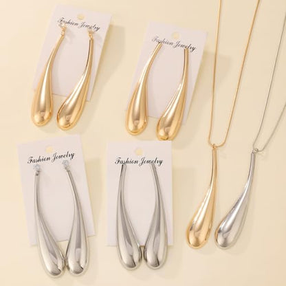 Round Teardrop Necklace Bracelet Ring Jewelry Set Gold Plated Chunky Statement Jewelry Set for Women Simple Elegant Jewelry - color: goldA