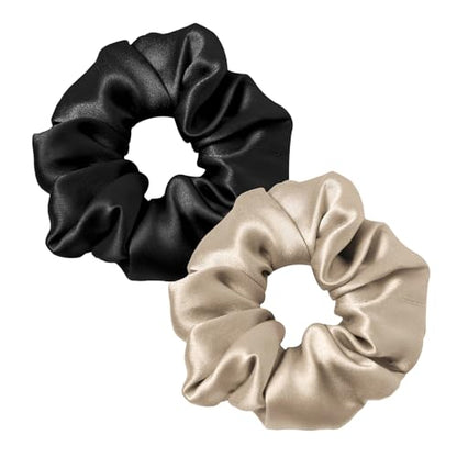 LILYSILK Silk Hair Scrunchies/Ties for Frizz & Breakage Prevention, 100% Mulberry, No Damage, Elastic ponytail Holders, 2Pc, Black&Light Coffee - color: Black+Light Coffee