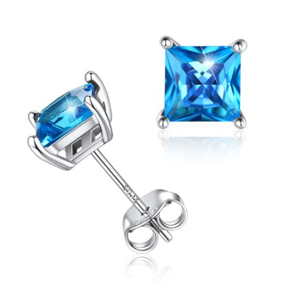 ChicSilver 925 Sterling Silver Earrings Sparkling Heart/Round/Princess Cut Birthstone Earrings for Women Birthday Jewelry with Gift Box - style: A.December(Blue Topaz)-Princess Cut