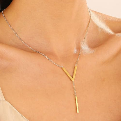 Long Pendant Necklace 14k Gold Plated Silver Bar Simple Trendy Y Drop Necklace Fashion Gold Jewelry for Women Jewelry