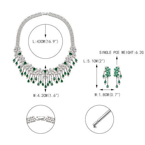 EVER FAITH Bridal Jewelry for Bride Bridesmaid, Elegant Cubic Zirconia Birthstone Cluster Flower Teardrop Wedding Party Necklace Dangle Earrings Sets for Women - color: Green