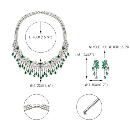 EVER FAITH Bridal Jewelry for Bride Bridesmaid, Elegant Cubic Zirconia Birthstone Cluster Flower Teardrop Wedding Party Necklace Dangle Earrings Sets for Women - color: Green