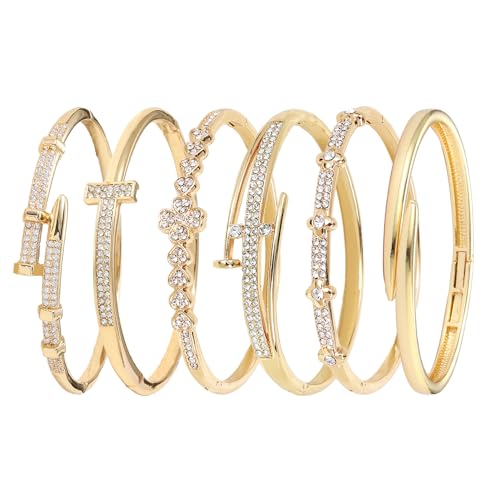 Pack of 6 - Gold Bracelet Bangles Bulk Set for Women,Trendy Stackable, Zinc Alloy Rivet & Four-Leaf Clover Design Stackable Bangles with Rhinestones, 7-inch Circumference Fits Most Adults, Jewelry Gift for Her, Girlfriend, Wife, Mom, Sister, Lover on Birt