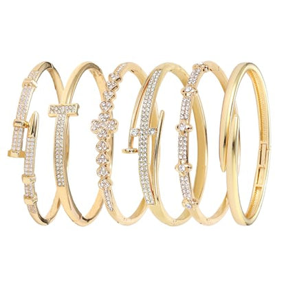 Pack of 6 - Gold Bracelet Bangles Bulk Set for Women,Trendy Stackable, Zinc Alloy Rivet & Four-Leaf Clover Design Stackable Bangles with Rhinestones, 7-inch Circumference Fits Most Adults, Jewelry Gift for Her, Girlfriend, Wife, Mom, Sister, Lover on Birt