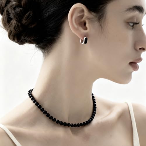 SukAmi 4-10mm Pearl Choker Men Black Pearl Necklace Women Faux Pearl Necklaces 45CM - size: 4mm