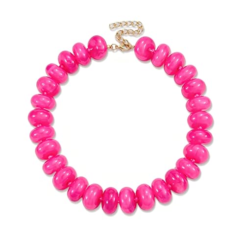 CSIYANJRY99 Chunky Beaded Necklace for Women, Large Colorful Resin Beads Statement Necklace, Boho Summer Beach Vacation Jewelry Gifts - color: Hot Pink