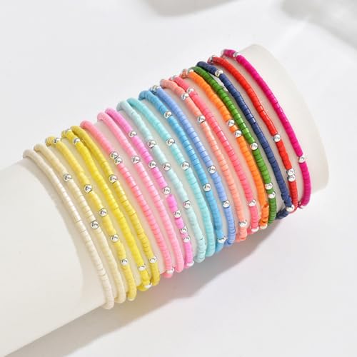 Cute Handmade Colorful Tiny Seed Beads Stackable Bracelets Set Bohemian Gold Beaded Elastic Multilayered Stretch Bracelet for Women Rainbow Surfer Boho Beach Jewelry - style: Set D